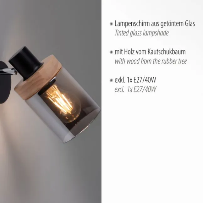 Wandleuchte, Rauchglas, Holz, Robberwood, E27