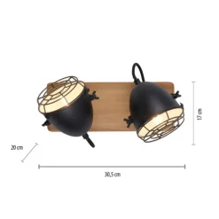 Wandleuchte Retrolook Vintage Holz / Metall, 2-flammig, schwarz