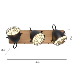 Wandleuchte Retrolook Vintage Holz / Metall, 3-flammig, schwarz
