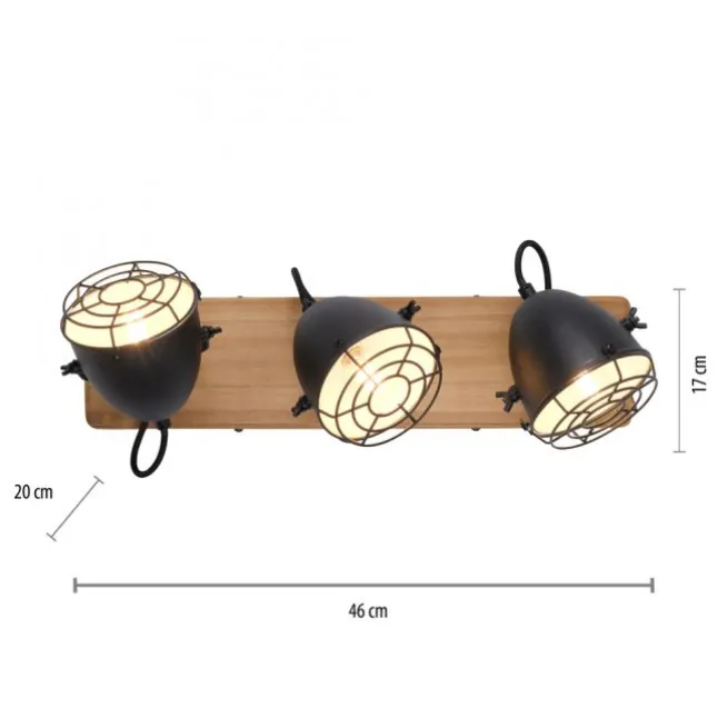 Wandleuchte Retrolook Vintage Holz / Metall, 3-flammig, schwarz