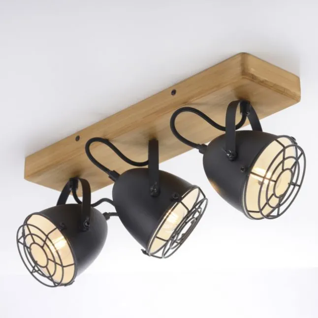 Wandleuchte Retrolook Vintage Holz / Metall, 3-flammig, schwarz