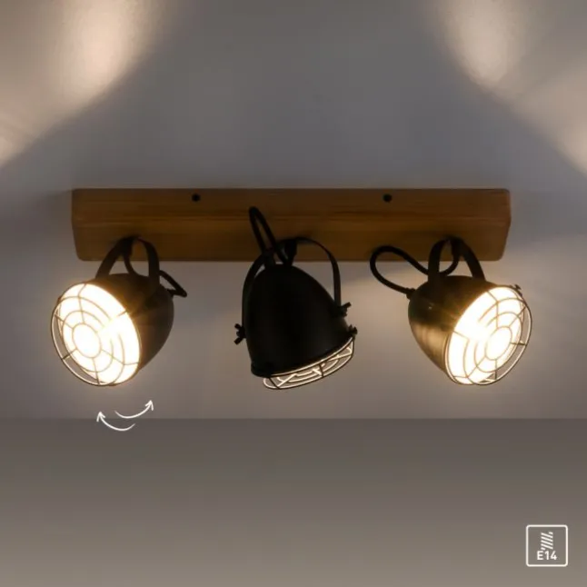 Wandleuchte Retrolook Vintage Holz / Metall, 3-flammig, schwarz