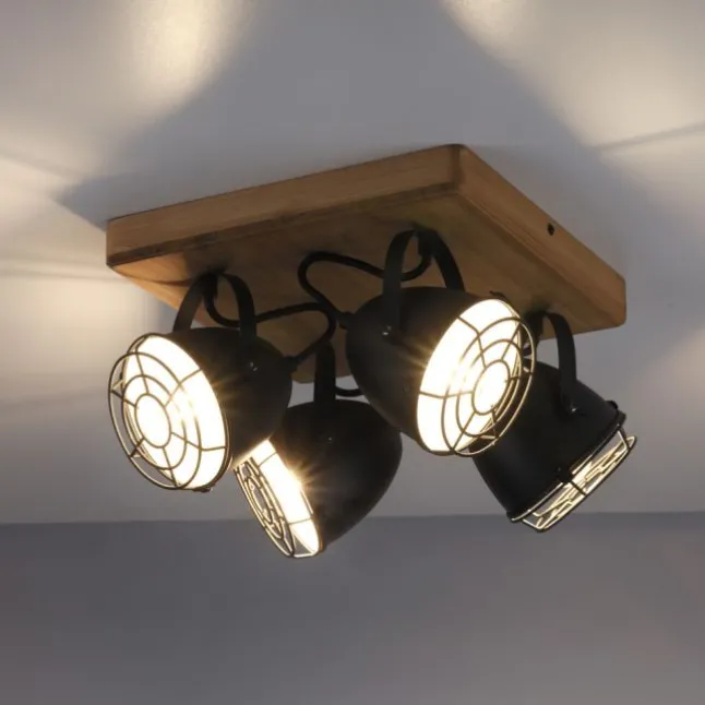 Wandleuchte Retrolook Vintage Holz / Metall, 4-flammig, schwarz