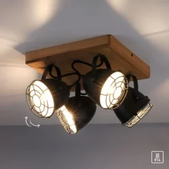 Wandleuchte Retrolook Vintage Holz / Metall, 4-flammig, schwarz