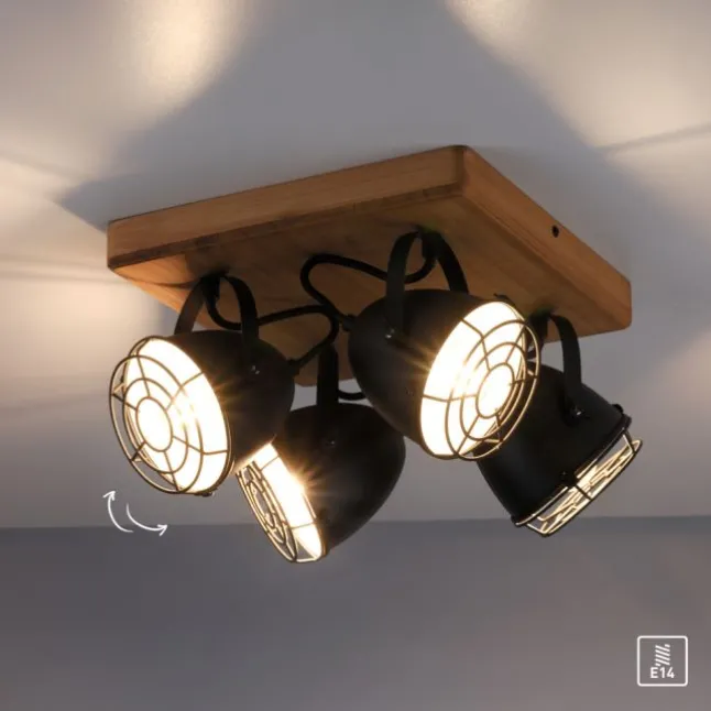 Wandleuchte Retrolook Vintage Holz / Metall, 4-flammig, schwarz