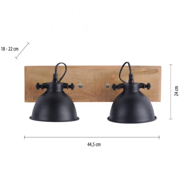 Wand- und Deckenleuchte, schwarz, 2flg, Retro-Look, Vintage, drehbar, Holz